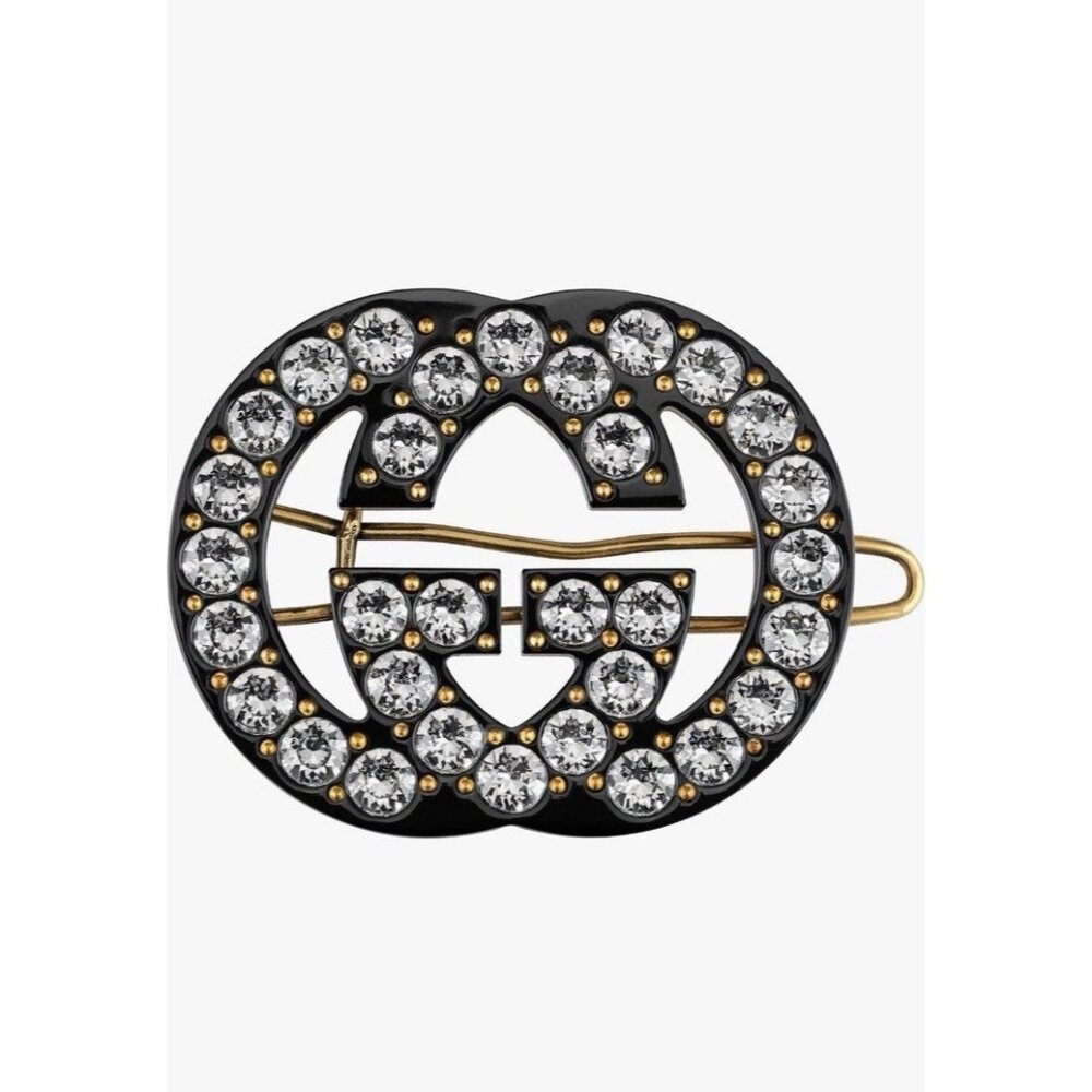NEW GUCCI Crystal Embellished GG Hair Clip Black